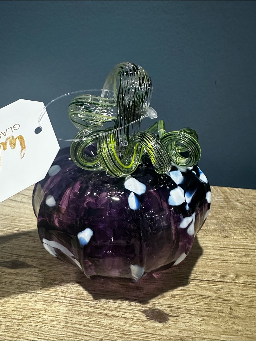 Luke Adams Handblown Purple Halloween Decorative Glass Pumpkin with Green Stem